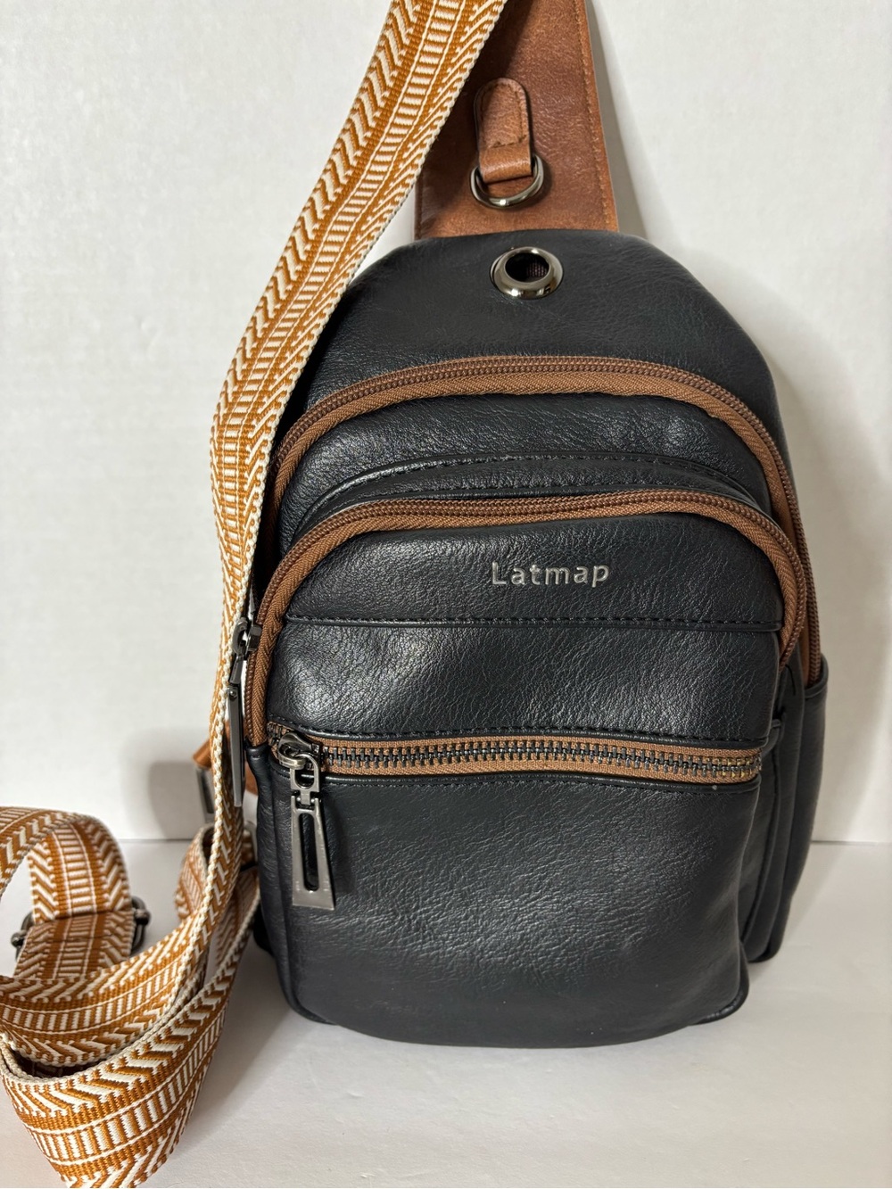 Black Leather Sling Bag with Tan Accents